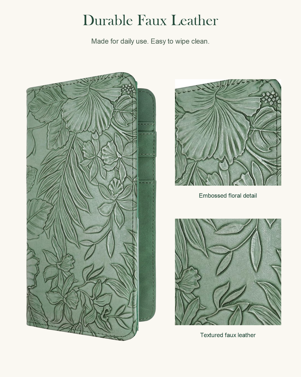 Mymazn Green Floral Expandable Server Book — faux leather and wipe-clean care
