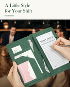 Mymazn Green Floral Expandable Server Book — illustrative restaurant scene