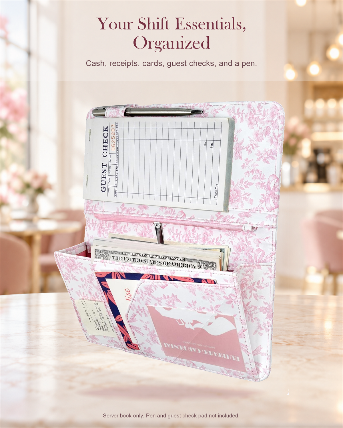 Mymazn Pink Floral Expandable Server Book — organized shift essentials