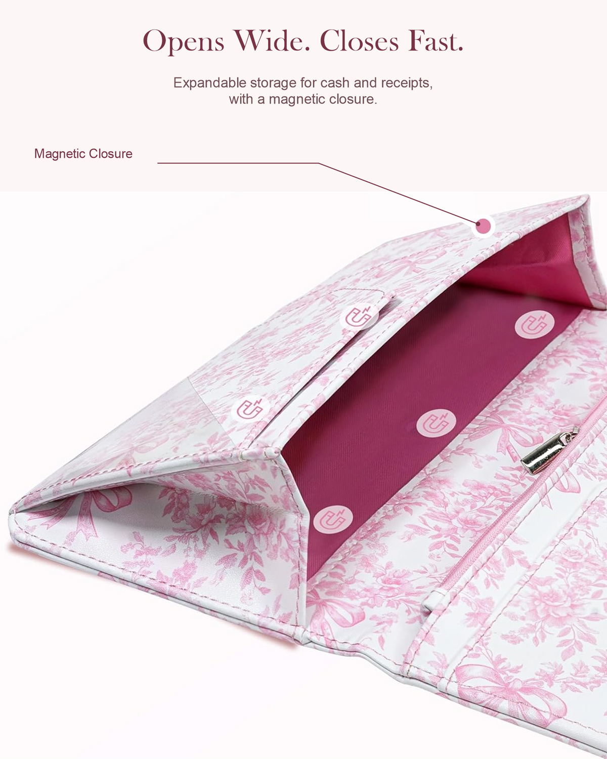 Mymazn Pink Floral Expandable Server Book — wide-opening magnetic compartment