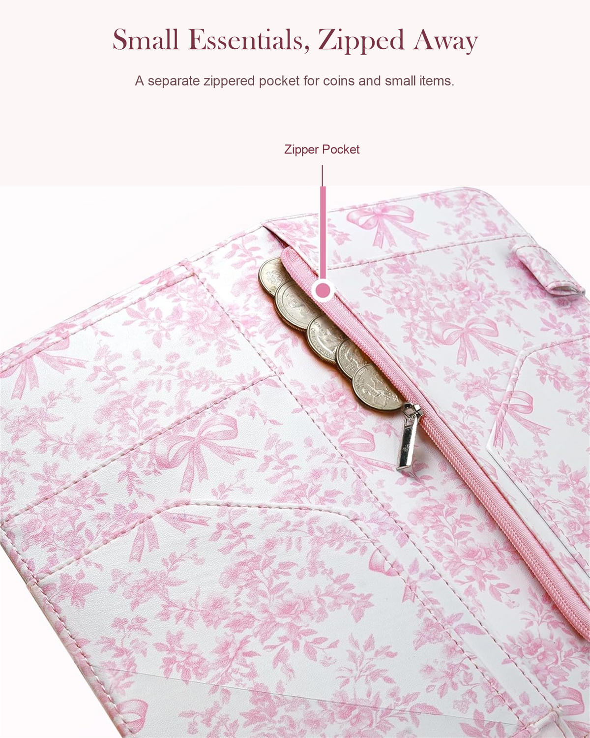 Mymazn Pink Floral Expandable Server Book — separate zipper pocket