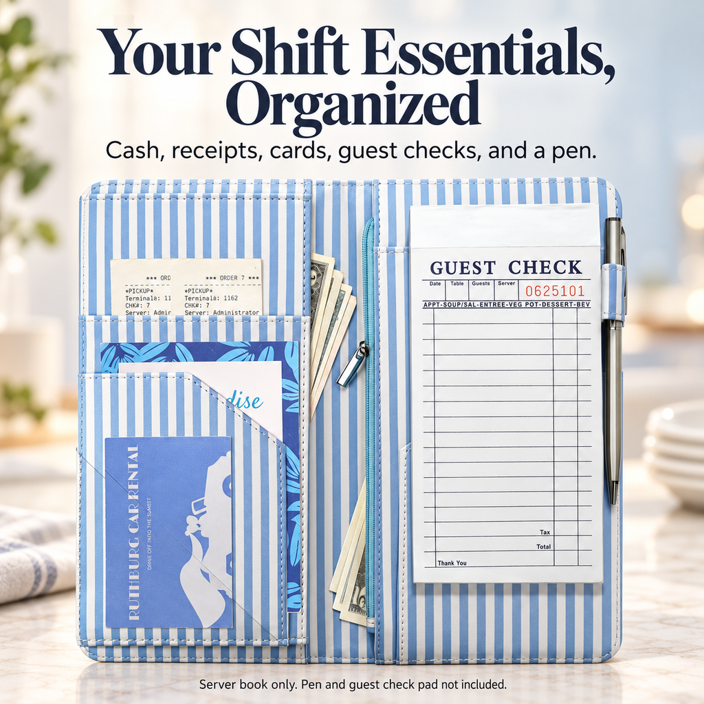 Mymazn Blue Stripes Expandable Server Book — organized shift essentials