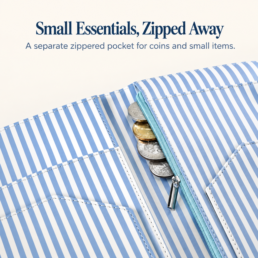 Mymazn Blue Stripes Expandable Server Book — separate zipper pocket