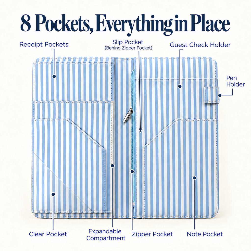 Mymazn Blue Stripes Expandable Server Book — storage layout and pen holder