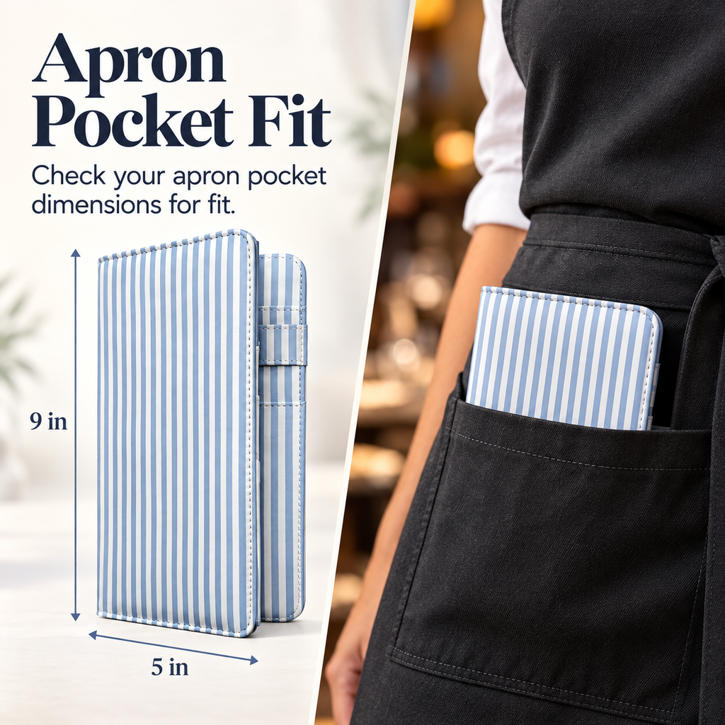Mymazn Blue Stripes Expandable Server Book — dimensions and apron pocket fit