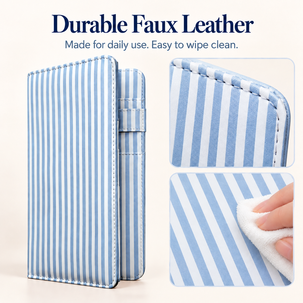 Mymazn Blue Stripes Expandable Server Book — faux leather and wipe-clean care
