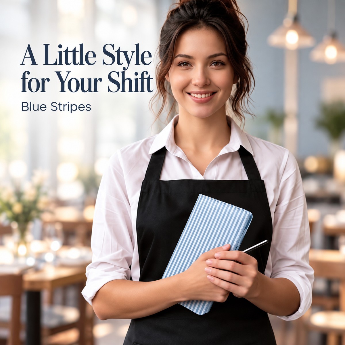 Mymazn Blue Stripes Expandable Server Book — illustrative restaurant scene