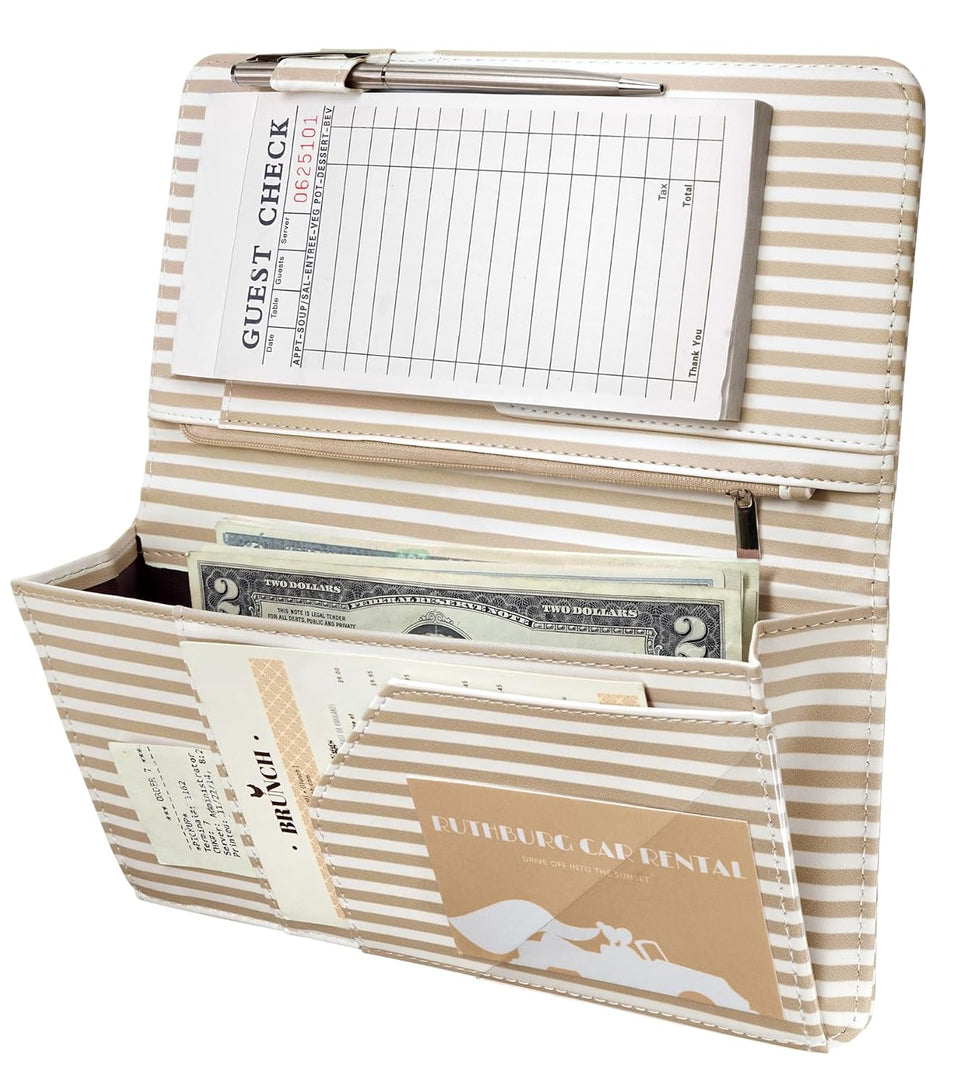 Brown Stripes Expandable Server Book — product view for size comparison