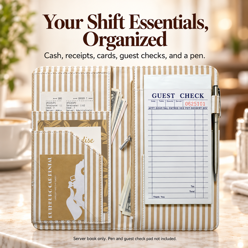 Mymazn Brown Stripes Expandable Server Book — organized shift essentials