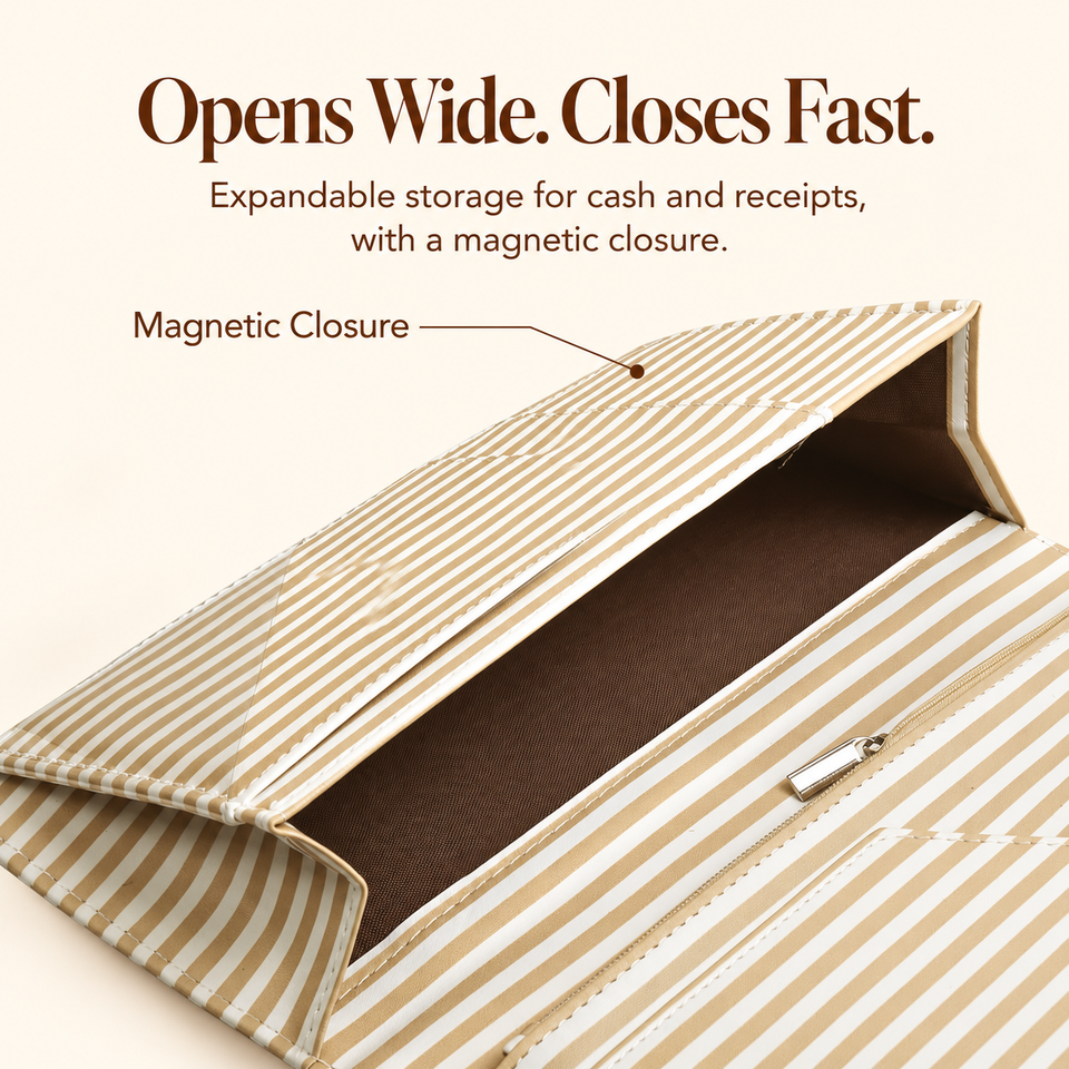 Mymazn Brown Stripes Expandable Server Book — wide-opening magnetic compartment