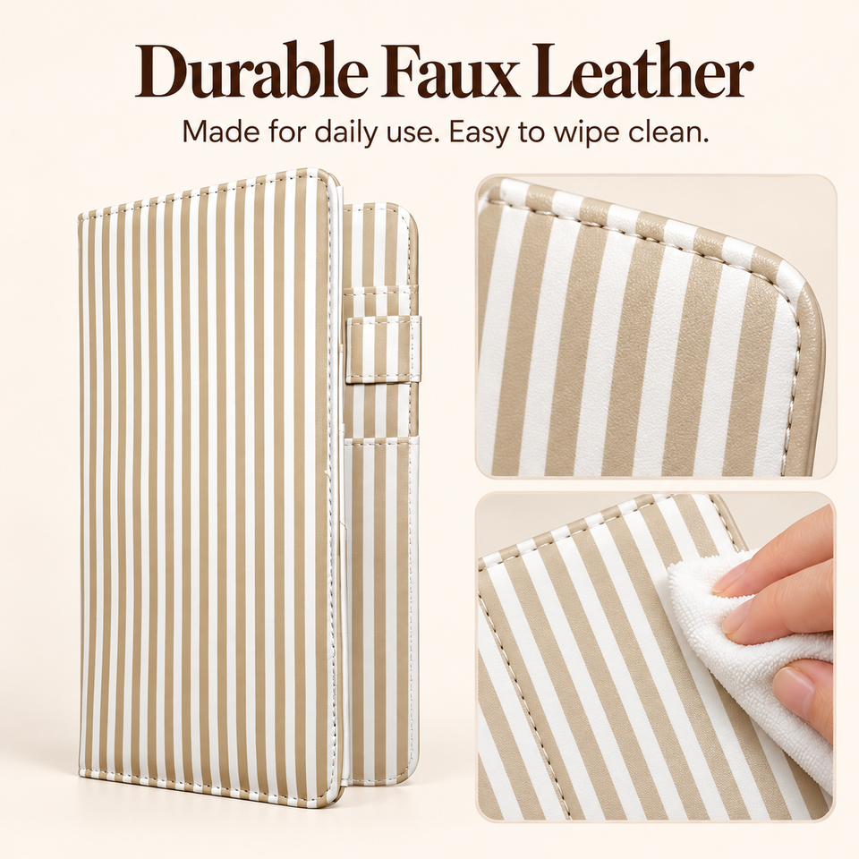 Mymazn Brown Stripes Expandable Server Book — faux leather and wipe-clean care