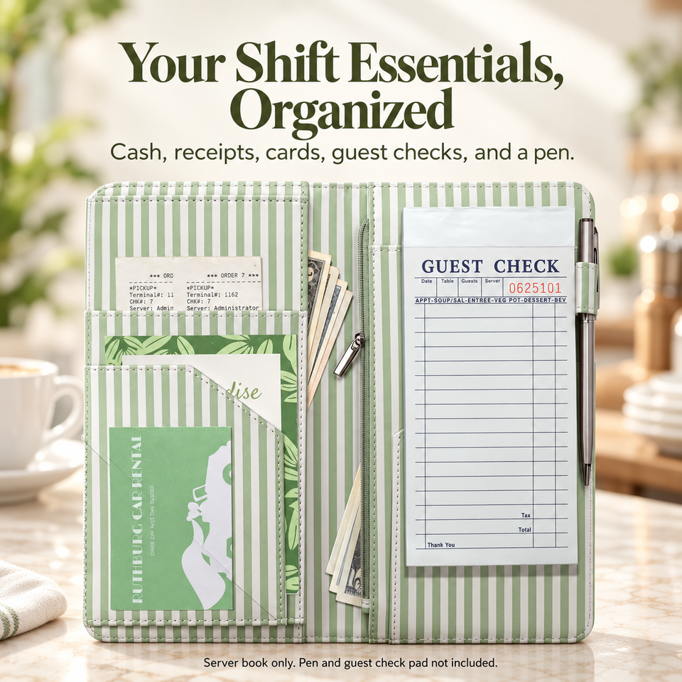 Mymazn Green Stripes Expandable Server Book — organized shift essentials