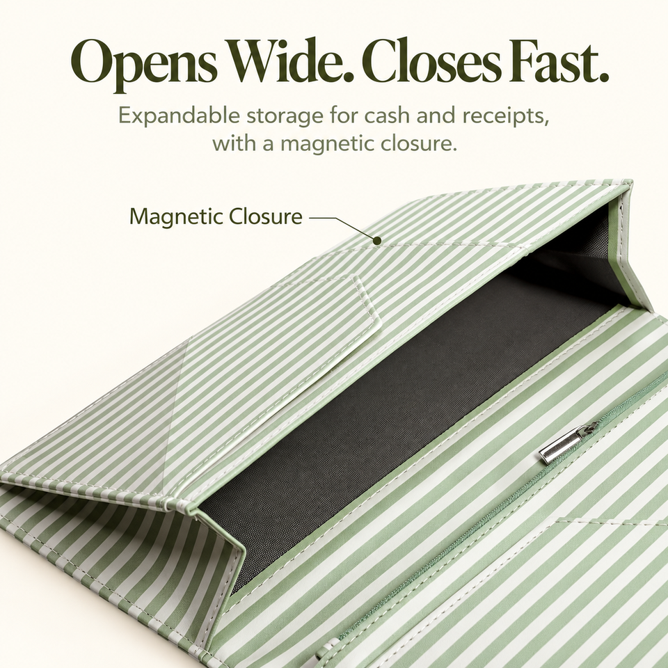 Mymazn Green Stripes Expandable Server Book — wide-opening magnetic compartment