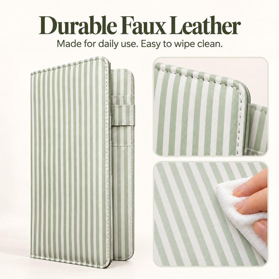 Mymazn Green Stripes Expandable Server Book — faux leather and wipe-clean care