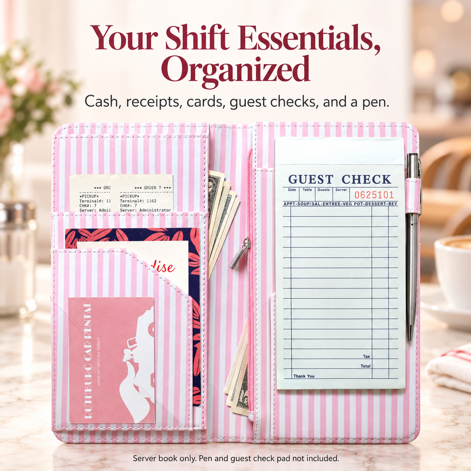 Mymazn Pink Stripes Expandable Server Book — organized shift essentials