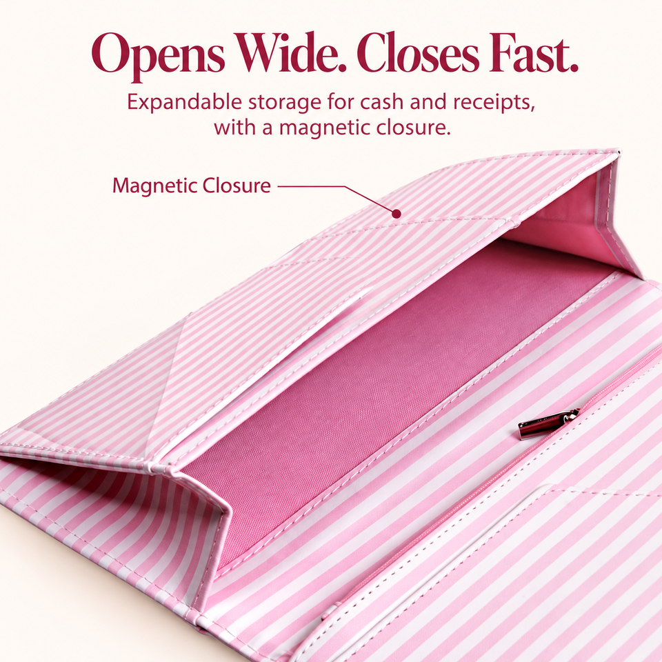 Mymazn Pink Stripes Expandable Server Book — wide-opening magnetic compartment