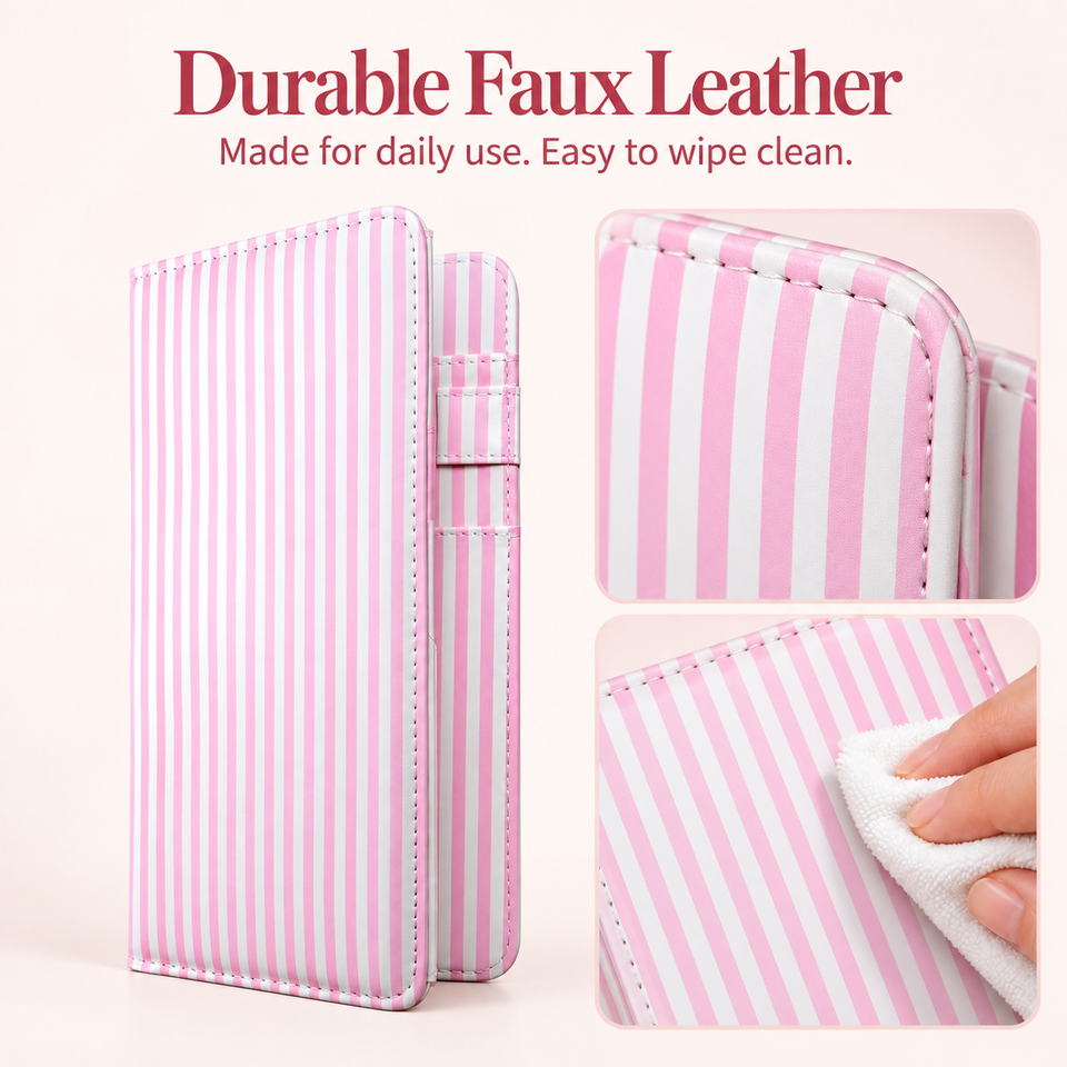 Mymazn Pink Stripes Expandable Server Book — faux leather and wipe-clean care
